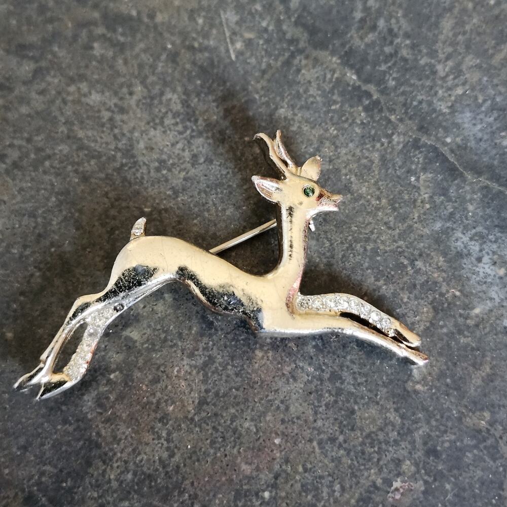 Vtg Gold Tone Brooch Pin Reindeer Ibex Gazelle Antelope Rhinestone Signed Cor.